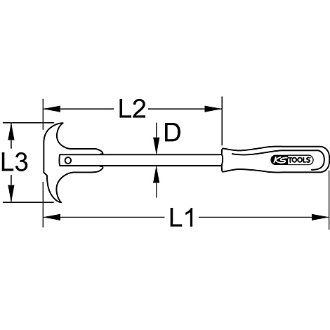 Zeichnung eines Werkzeugs mit Maßangaben: L1, L2, L3 und D. Das Werkzeug hat einen Griff mit dem Logo "KS TOOLS".